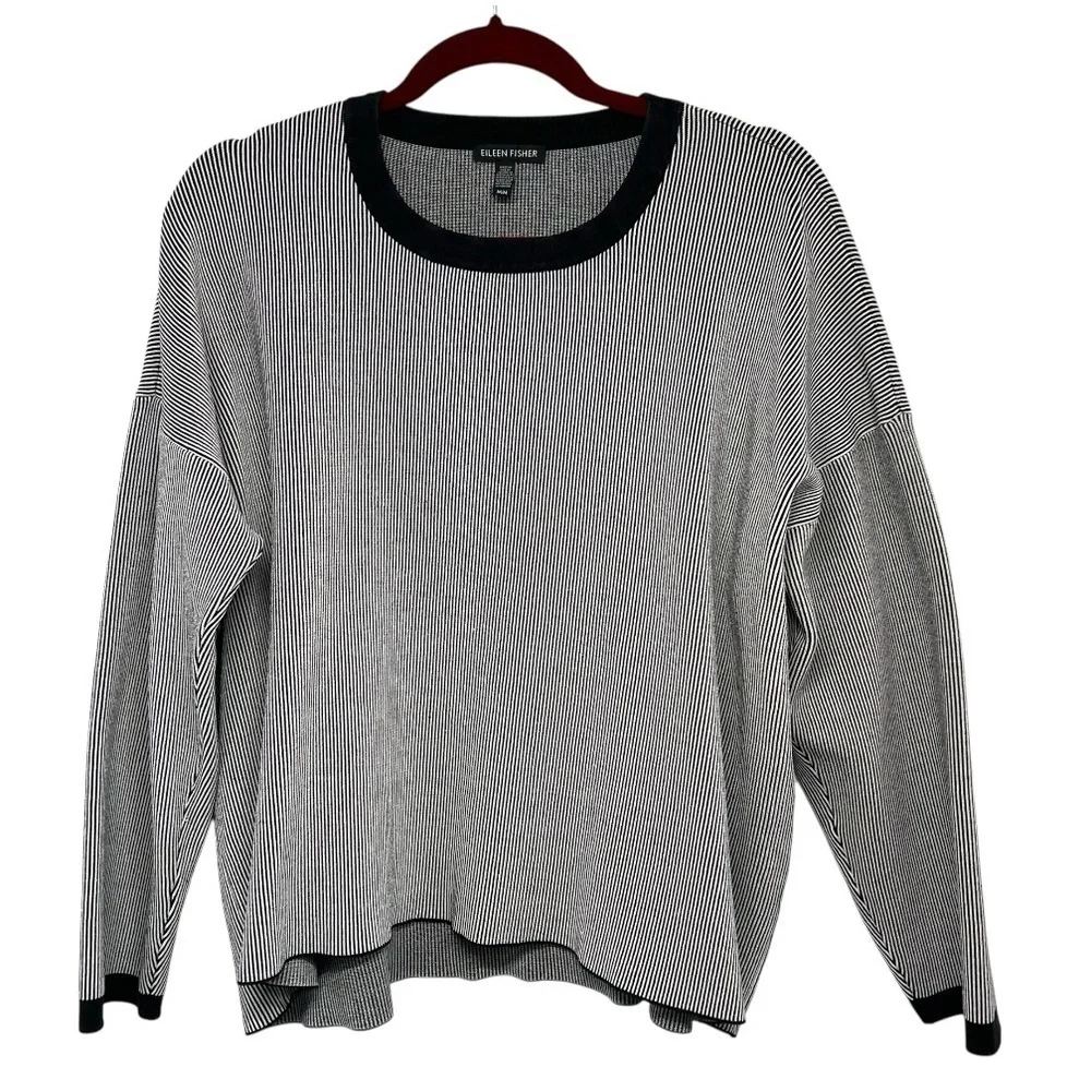 Eileen Fisher Black & White Mens Ringer Crew Neck Oversized Sweater Women Medium - Picture 5 of 10
